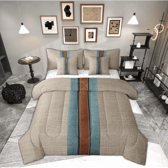 Manfei Adult Minimalism Bedding Comforter Set 7pcs, Modern Abstract Geometric Queen Bedding Sets, Chic Stripes Queen Sheet Sets, Ultra Soft Home Decor