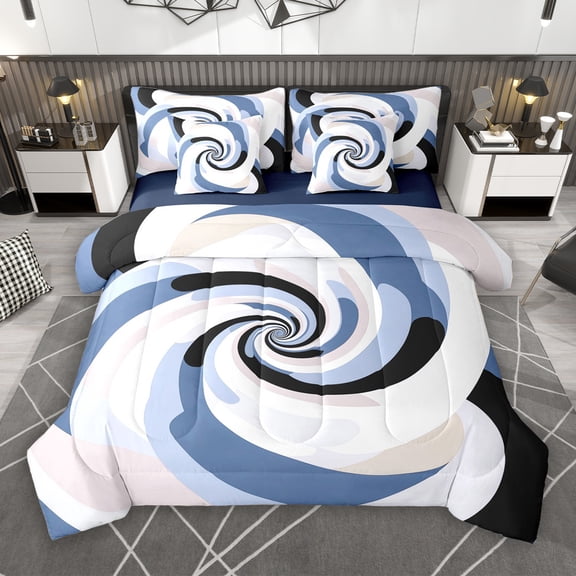 Manfei Adult Modern Abstract 7-Piece Bedding Comforter Set, Fashion Stripe Ombre Minimalst King Bedding Sets, Blue Swirl Spiral Reversible Bed Sheets, Luxury Bedroom Decor