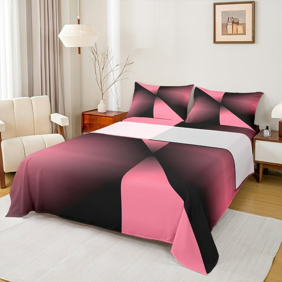 Manfei Adult Modern Abstract Bed Sheets, Fashion Stripe Ombre King Sheets, Black Pink Minimalism Sheet Set, Luxury Bedroom Decor, 4 Pieces