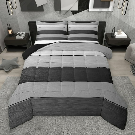 Manfei Adult Modern Abstract Queen Comforter Set, Fashion Stripe Ombre Bedding Sets, Dimgrey Art Reversible Bedding Comforter Set, Luxury Bedroom Decor, 3 Pieces