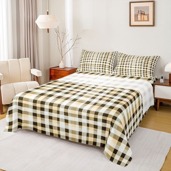Homewish Adult Modern Checkered Bed Sheets, Chic Square Rectangle King Sheets, Black Yellow Buffalo Plaid Sheet Set, Lightweight Room Decor, 4pcs
