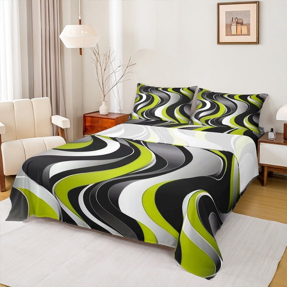 Manfei Adult Modern Line Waves 4-Piece Queen Sheet Set, Green Yellow Stripes Bedding