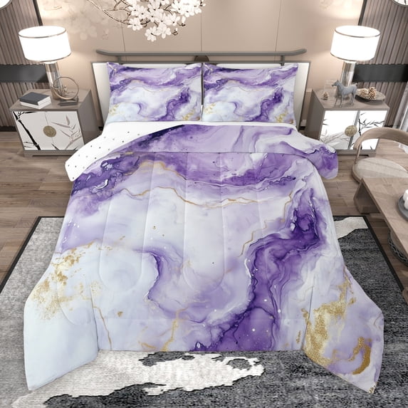 Manfei Adult Modern Marbling Bedding Comforter Set, Chic Abstract Marble Twin Comforter Sets, White Purple Fashion Reversible Bedding Set, Breathable Home Decor, 2-Piece