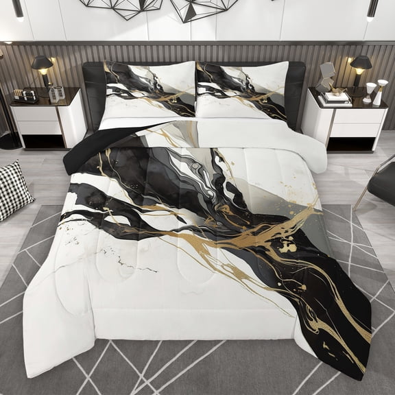Manfei Adult Modern Marbling Queen Comforter Set, Chic Abstract Marble Bedding Sets, Black Gold Fashion Reversible Bedding Comforter Set, Lightweight Room Decor, 3 Pieces