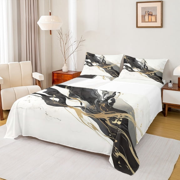 Manfei Adult Modern Marbling Queen Sheet Sets, Chic Abstract Marble Flat Sheet, Black Gold Fashion Queen Fitted Sheet, Lightweight Room Decor, 4 Pieces