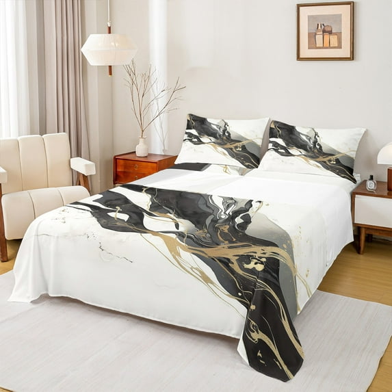 Manfei Adult Modern Marbling Twin Sheet Sets, Chic Abstract Marble Twin Fitted Sheet, Black Gold Fashion Flat Sheet, Lightweight Room Decor, 3 Pieces