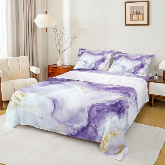 Manfei Adult Modern Marbling Twin Sheet Sets, Chic Abstract Marble Twin Fitted Sheet, White Purple Fashion Flat Sheet, Breathable Home Decor, 3-Piece