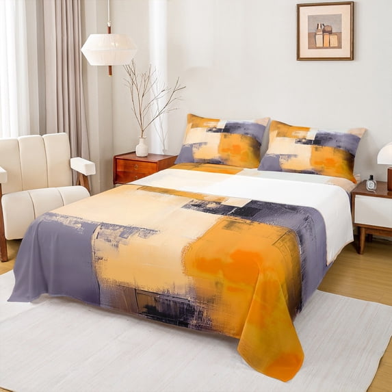 Manfei Adult Orange Watercoor Full Size Sheets, Abstract Ombre Bed Sheets, Fashion Oil Printing Sheet Sets, Microfiber Bedroom Decor, 4pcs