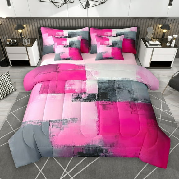 Manfei Adult Pink Watercoor 7-Piece Twin Bedding Sets, Abstract Ombre Bedding Comforter Set, Fashion Oil Printing Reversible Sheet Sets, Luxury Bedroom Decor