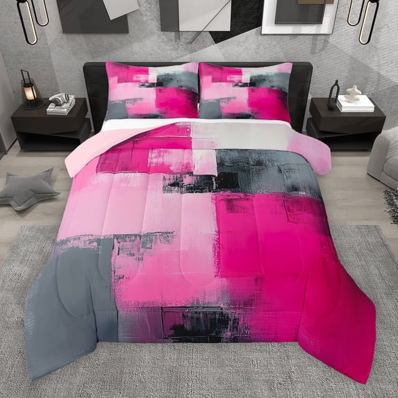 Manfei Adult Pink Watercoor Queen Comforter Set, Abstract Ombre Bedding Sets, Fashion Oil Printing Reversible Bedding Comforter Set, Luxury Bedroom Decor, 3pcs
