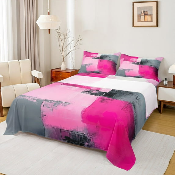 Manfei Adult Pink Watercoor Queen Sheet Sets, Abstract Ombre Flat Sheet, Fashion Oil Printing Queen Fitted Sheet, Luxury Bedroom Decor, 4pcs