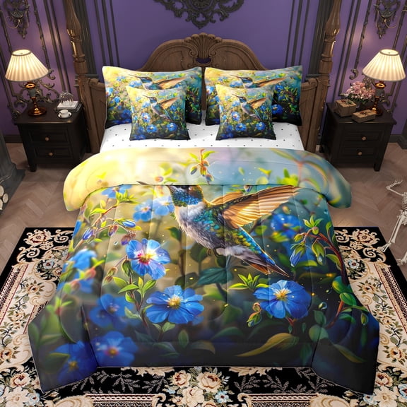 Homewish Adult Rustic Hummingbird Bedding Comforter Set 7pcs, Blue Blossoms Floral Queen Bedding Sets, Countryside Theme Reversible Queen Sheet Sets, Ultra Soft Bedroom Decor