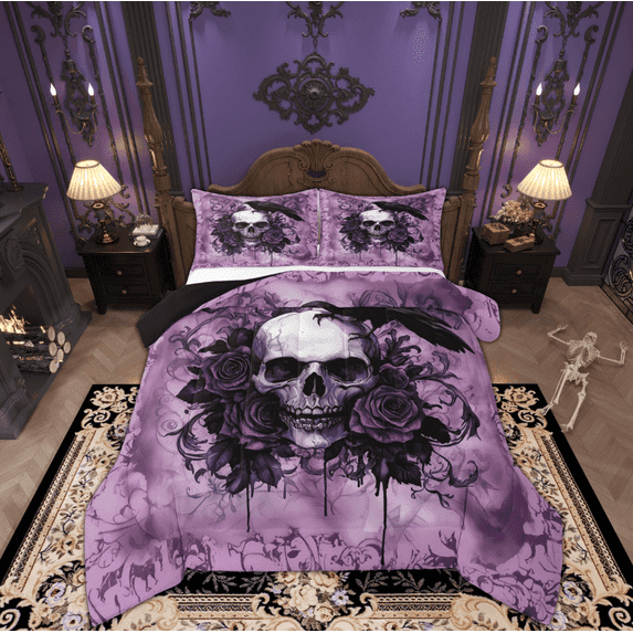 Manfei Adult Skull Skeleton Full Size Comforter Sets, Gothic Romantic Bedding Comforter Set, Rose Flower Floral Reversible Bedding Sets, Lightweight Room Decor, 3-Piece