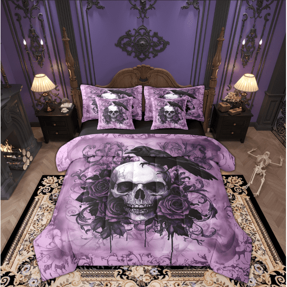 Manfei Adult Skull Skeleton Twin Bedding Sets 7-Piece, Gothic Romantic Bedding Comforter Set, Rose Flower Floral Reversible Sheet Sets, Lightweight Room Decor