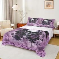 Manfei Adult Skull Skeleton Twin Sheet Sets, Gothic Romantic Twin Fitted Sheet, Rose Flower Floral Flat Sheet, Lightweight Room Decor, 3-Piece