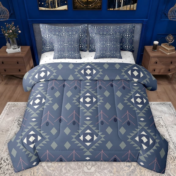 Manfei Adult Tribal Hippie Bedding Comforter Set 7pcs, Western Bohemian Aztec Queen Bedding Sets, Fashion Blue Square Triangle Reversible Queen Sheet Sets, Microfiber Bedroom Decor