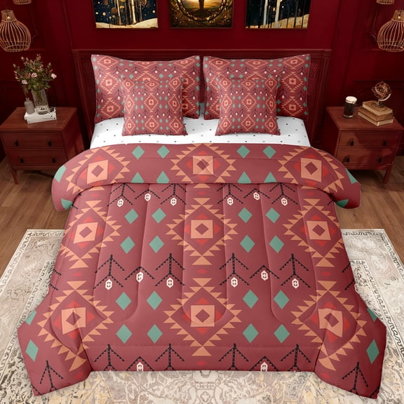 Manfei Adult Tribal Hippie Twin Bedding Sets 7-Piece, Western Bohemian Aztec Bedding Comforter Set, Fashion Square Triangle Reversible Sheet Sets, Red Super Cozy Room Decor