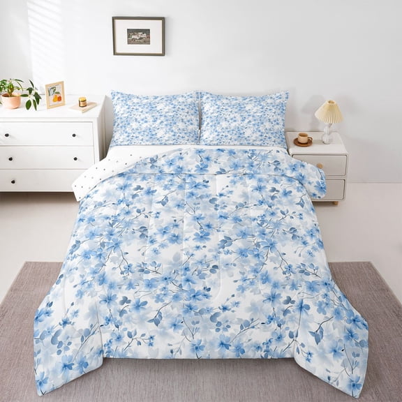 Manfei Adults Blue Flowers Bedding Comforter Set 2pcs,Chic Floral Blossoms Twin Comforter Sets Microfiber,Spring Garden Breathable Bedding Set,Luxury Bedroom Decor,Reversible