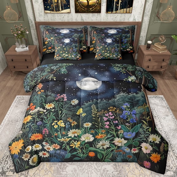 Manfei Adults Colorful Flowers Bedding Comforter Set 7-Piece,Bohemian Theme King Bedding Sets,Starry Sky Moon Ultra Soft Bed Sheets,Luxury Bedroom Decor,Reversible