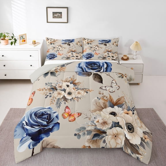 Manfei Adults Female Girls Floral Rose Butterflies Bedding Comforter Set 2pcs,Spring Garden Twin Comforter Sets Microfiber,Vintage Aesthetics Breathable Bedding Set,Super Cozy Room Decor,Reversible