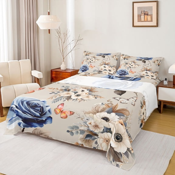Manfei Adults Female Girls Floral Rose Butterflies Twin Sheet Sets 3pcs,Spring Garden Twin Fitted Sheet Microfiber,Vintage Aesthetics Breathable Flat Sheet,Super Cozy Room Decor