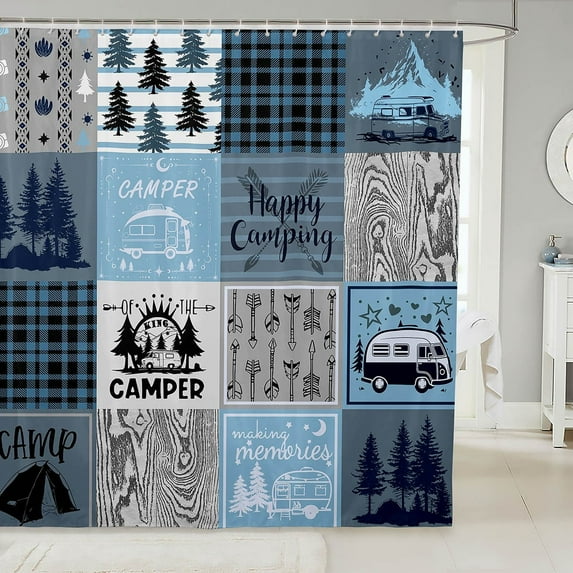 Manfei Adults Female Men Camper RV Car Shower Curtain 72Wx72L,Happy Camping Bath Curtain,Geometric Plaid Bathroom Curtain 72Wx72L,Bathroom Decor(Waterproof)