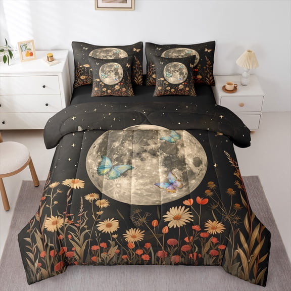 Manfei Adults Floral Butterflies Twin Bedding Sets 7-Piece,Bohemian Theme Bedding Comforter Set Microfiber,Galaxy Moon Breathable Sheet Sets,Luxury Bedroom Decor,Reversible