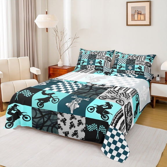 Manfei Adults Women Men Sport Motorcycle Full Size Sheets 4-Piece,Geometric Plaid Grid Breathable Bed Sheets,Dirt Bike Lightweight Sheet Sets,Breathable Home Decor