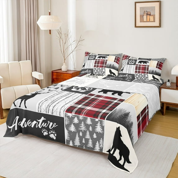 Manfei Adventure Camper Full Size Sheets,Jungle Wildlife Bear Bed Sheets,Wild Wolf Elk Sheet Sets For Teens,Super Cozy Room Decor,4 Pieces