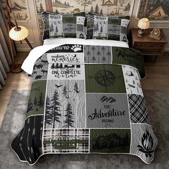 Manfei Adventure Camper Twin Quilt Set 2 Pieces,Jungle Bear Deer Twin Coverlet Set,Olive Gray,1 Bedspread and 1 Pillowcase