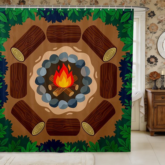Manfei Adventure Campfire Shower Curtain 72Wx78L,Happy Camping Bath Curtain
