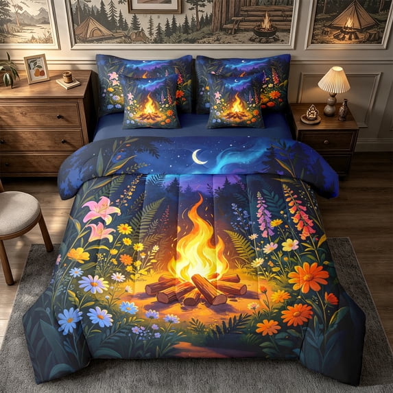 Manfei Adventure Campfire Starry Sky King Bedding 7pcs,Jungle Wildflowers King Bed in a Bag,Orange Blue Green