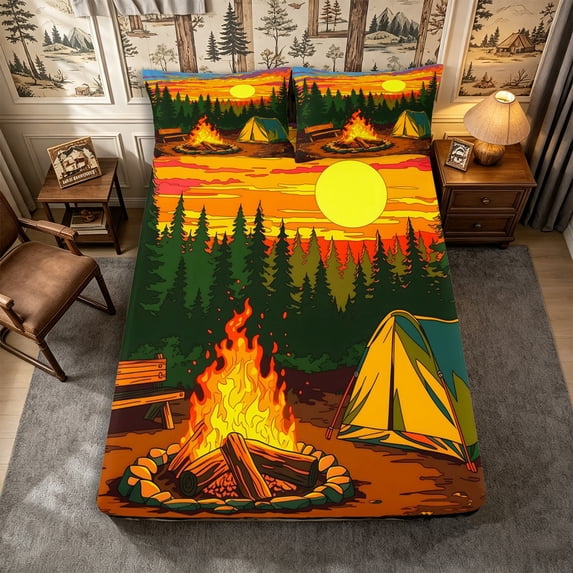Manfei Adventure Campfire Tents Fitted Sheet Queen 3-Piece,Jungle Camping Bedding,Orange Dark Green,1 Fitted Sheet and 2 Pillowcases
