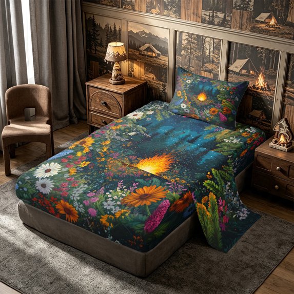 Manfei Adventure Campfire Twin Sheets 3pcs,Jungle Flowers Bedding,Dark Green White,1 Flat Sheet,1 Fitted Sheet and 1 Pillowcase