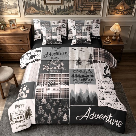 Manfei Adventure Car Full Size Bedding Sets 7 Pieces,Minimalist Plaid Full Size Bed in a Bag,Taupe Black