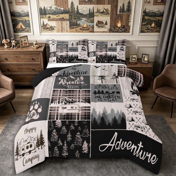 Manfei Adventure Car King Size Comforter Sets 3pcs,Minimalist Plaid Comforters King Size,Taupe Black,1 Comforter and 2 Pillowcases,Reversible