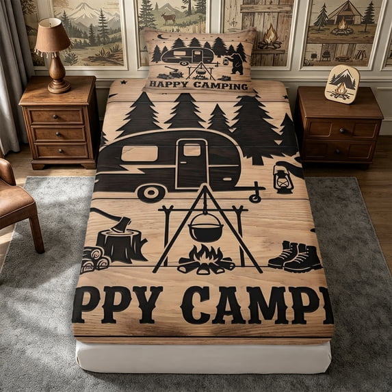 Manfei Adventure Cartoon Car Twin Fitted Sheet 2 Pieces,Happy Camping Bedding,Brown Black,1 Fitted Sheet and 1 Pillowcase