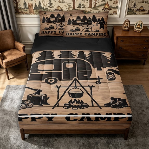 Manfei Adventure Cartoon Car Zipper Full Size Comforter Sets with Fitted Sheet and 2 Pillowcases,Happy Camping Zipper Bedding Set,Brown Black,Reversible