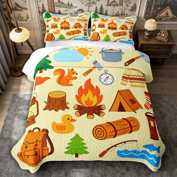 Manfei Adventure RV Accessories Quilt King 3 Pieces,Cartoon Squirrel Duck King Coverlet Set,Light Yellow Orange,1 Bedspread and 2 Pillowcases