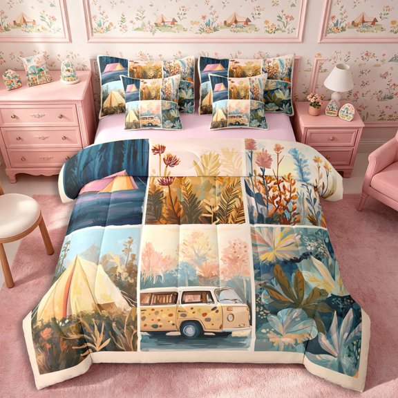 Manfei Adventure RV Car 7-Piece Twin Bedding,Vintage Flowers Bedding Comforter Set,Beige Teal