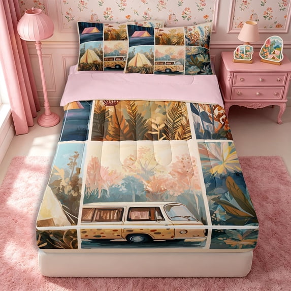 Manfei Adventure RV Car Zipper Full Size Comforter Sets with Fitted Sheet and 2 Pillowcases,Vintage Flowers Zipper Bedding Set,Beige Teal,Reversible