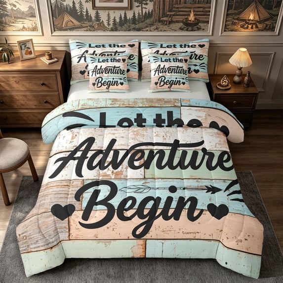 Manfei Adventure Theme Full Size Bedding Sets 7 Pieces,Rustic Vintage Cottage Full Size Bed in a Bag,Turquoise Black