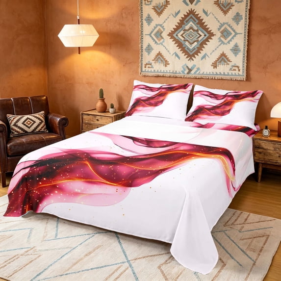 Manfei Aesthetic Abstract Artwork Bed Sheets, Watercolor Painting Fuul Size Sheets, Pink White, Black Reversible 4 Pieces1 Flat Sheet + 1 Fitted Sheet + 2 Pillowcases