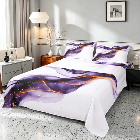Manfei Aesthetic Abstract Artwork Queen Sheets, Watercolor Painting Queen Sheet Sets, Purple White, Black Reversible 4pcs1 Flat Sheet + 1 Fitted Sheet + 2 Pillowcases