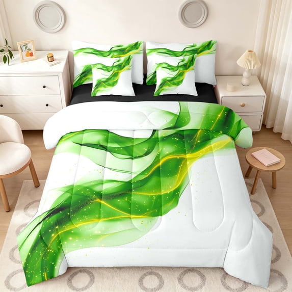 Manfei Aesthetic Abstract Artwork Twin Bedding, Watercolor Painting Bedding Comforter Set, Green White, Black Reversible 7 Pieces
