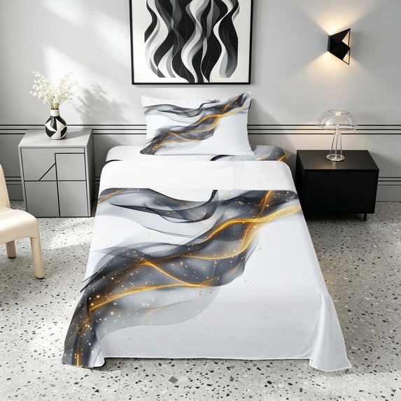 Manfei Aesthetic Abstract Artwork Twin Sheets, Watercolor Painting Bedding, Gray White, Black Reversible 3-Piece1 Flat Sheet + 1 Fitted Sheet + 1 Pillowcase