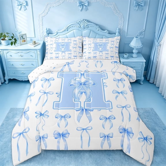 Manfei Aesthetic Blue Bow Full Size Comforter Sets For Kids,Letter H Monogram Letter Bedding Sets,Reversible,3pcs
