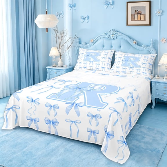 Manfei Aesthetic Blue Bowknot Queen Sheet Sets For Kids,Letter R Monogram Letter Bed Set,4 Pieces