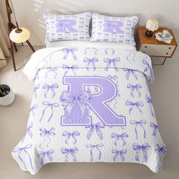 Manfei Aesthetic Coquette Bow Quilt Full For Kids,Letter R Monogram Letter Full Bedspread Sets For Girl,3-Piece