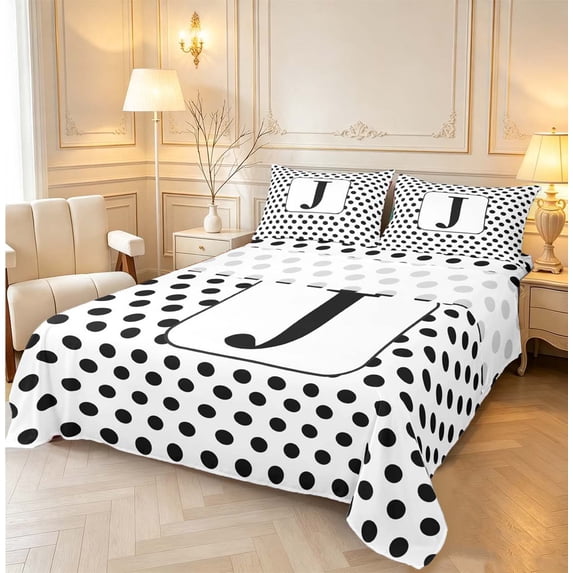 Manfei Aesthetic Dot Initial J King Sheets,Modern Artwork Bedding,White Black,4 Pieces,1 Flat Sheet,1 Fitted Sheet and 2 Pillowcases